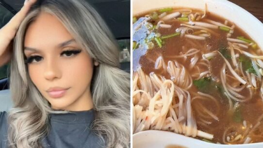 woman shares eating out experience (l) bowl of pho (r)