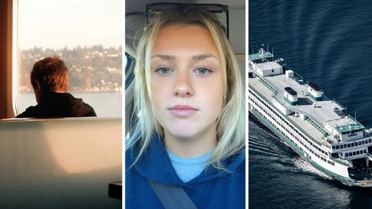 man on a ferry (l) woman shares ferry experience (c) ferry on the go (r)