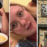 man eating his pasta (l) woman shares olive Garden experience (c) Olive Garden restaurant (r)