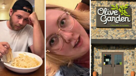 man eating his pasta (l) woman shares olive Garden experience (c) Olive Garden restaurant (r)