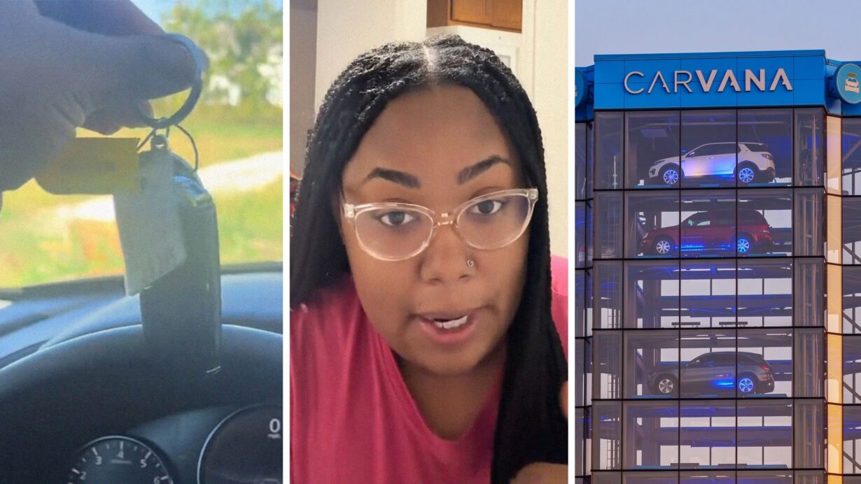 car keys (l) woman shares car shopping experience (c) Carvana office (r)