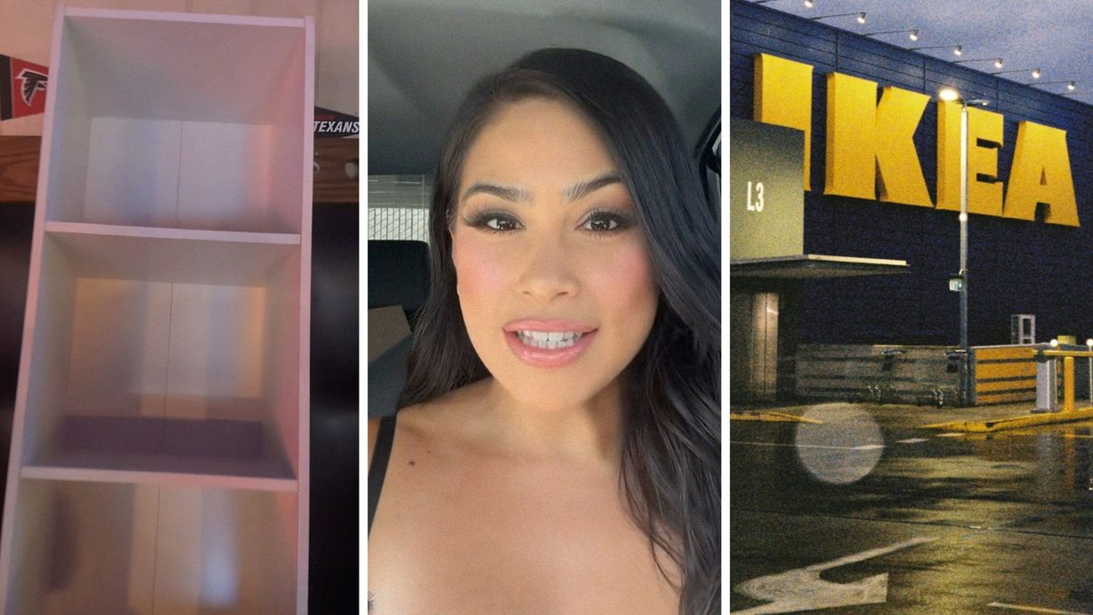IKEA furniture (l) woman shares furniture struggles (c) IKEA storefront (r)