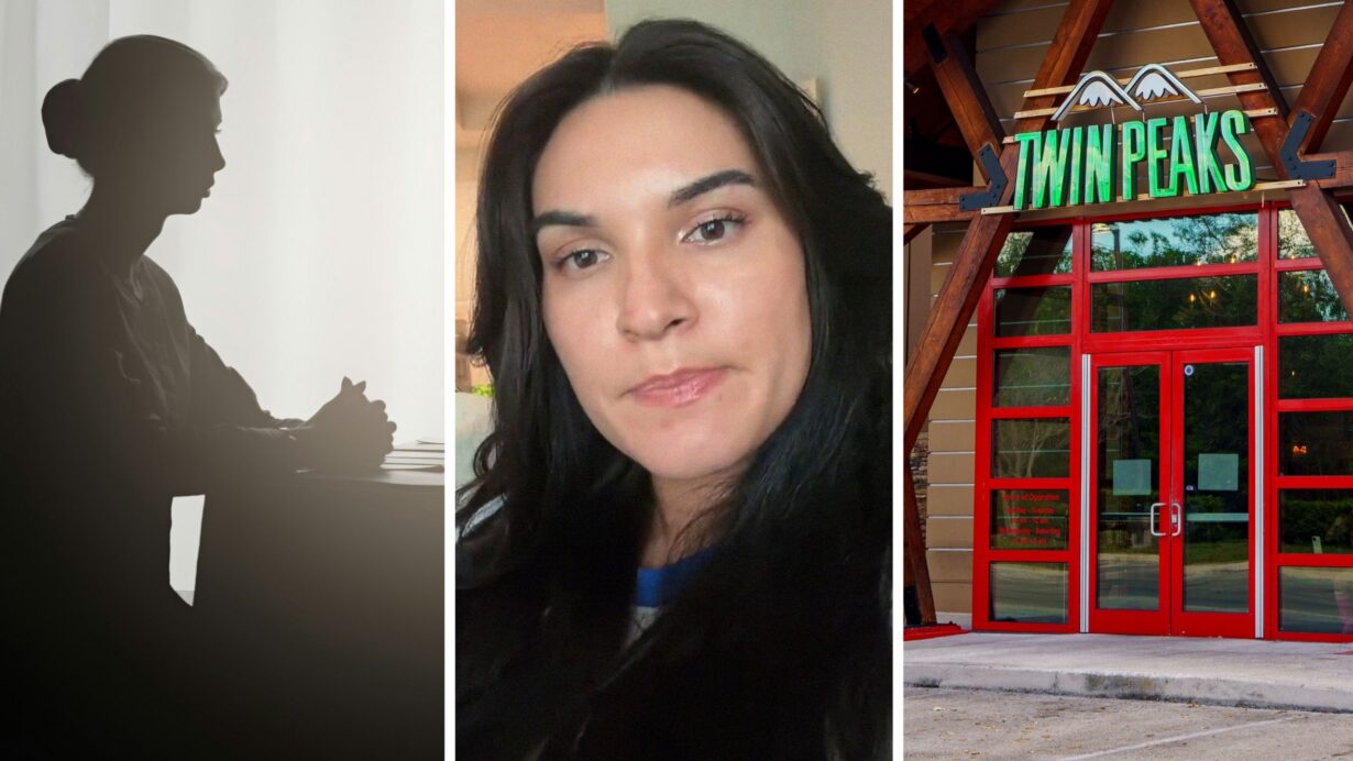 woman at a job interview (l) woman shares job interview experience (c) Twin Peaks entrance (r)