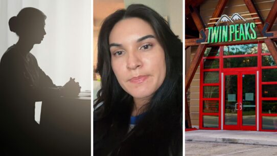 woman at a job interview (l) woman shares job interview experience (c) Twin Peaks entrance (r)