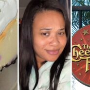 cheesecake slice (l) woman shares cheesecake order issue (c) The cheesecake factory sign (r)