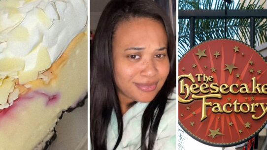 cheesecake slice (l) woman shares cheesecake order issue (c) The cheesecake factory sign (r)