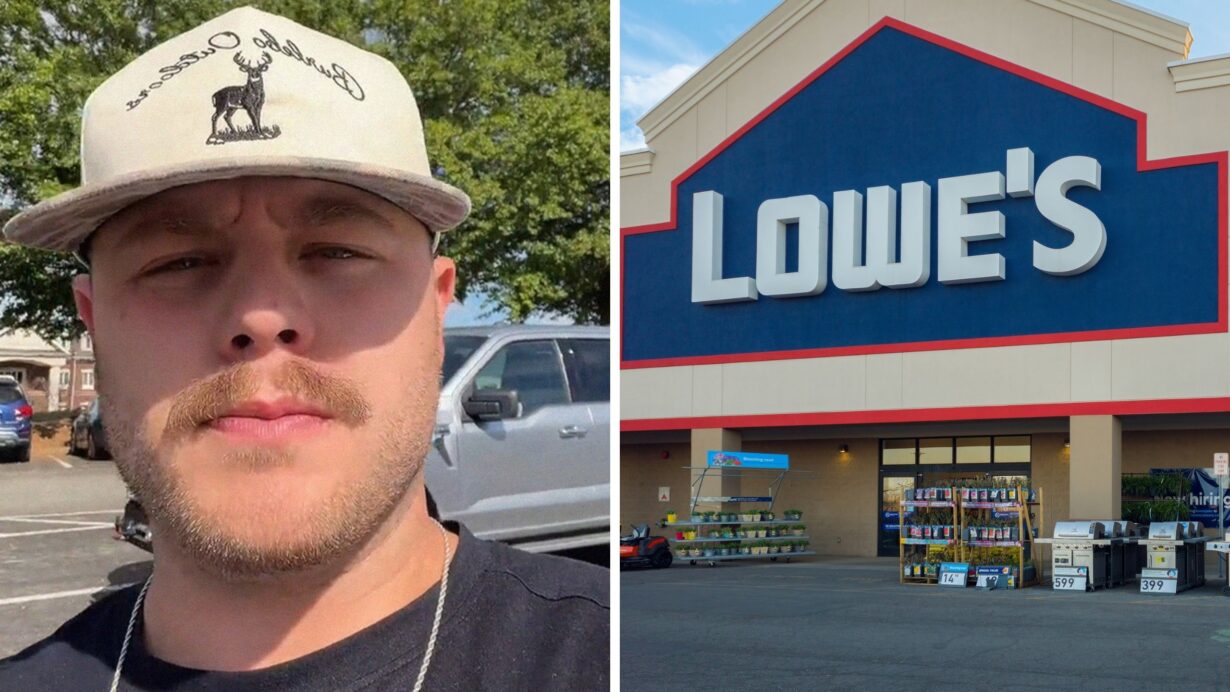 man shares store issue (l) Lowe's storefront (r)