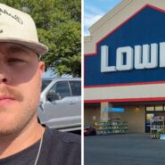 man shares store issue (l) Lowe's storefront (r)