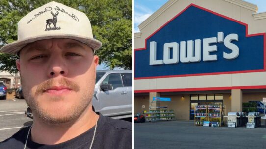 man shares store issue (l) Lowe's storefront (r)