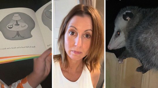 story book (l) woman shows off pet opossum (c) backyard possum (r)