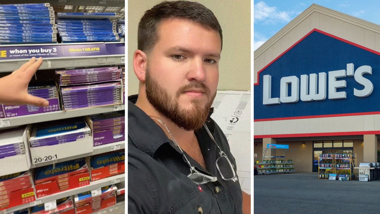 A/C filters (l) man shares A/c filters tip (c) Lowe's storefront (r)