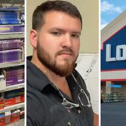 A/C filters (l) man shares A/c filters tip (c) Lowe's storefront (r)