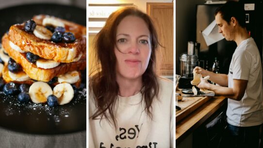 French toast (l) woman shares marriage experience (c) man cooking breakfast (r)