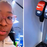 woman shares fountain soda issue (l) Fountain soda machine (r)