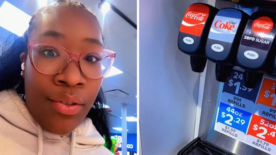 woman shares fountain soda issue (l) Fountain soda machine (r)