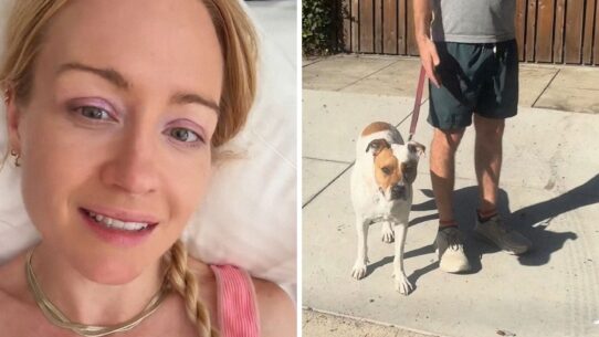 woman shares sidewalk experience (l) man walking his dog (r)