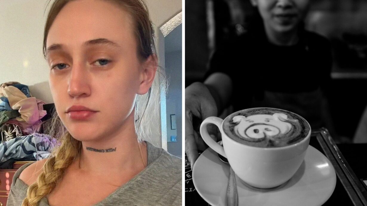 woman shares old job experience (l) Barista holding a latte (r)