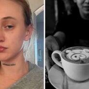 woman shares old job experience (l) Barista holding a latte (r)