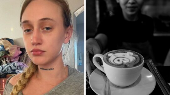 woman shares old job experience (l) Barista holding a latte (r)