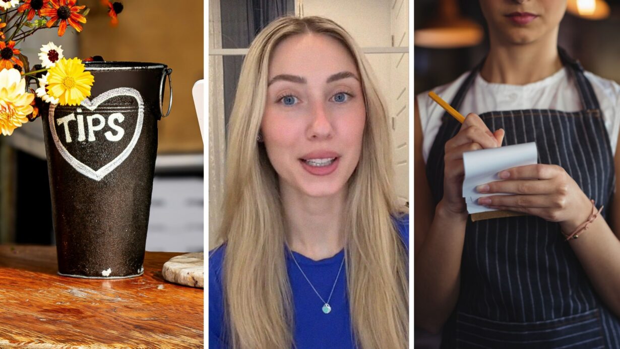 tip jar (l) woman shares serving experience (c) waitress at work (r)