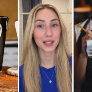 tip jar (l) woman shares serving experience (c) waitress at work (r)