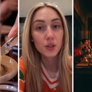cutting a birthday cake (l) woman shares job experience (c) family having a birthday dinner (r)