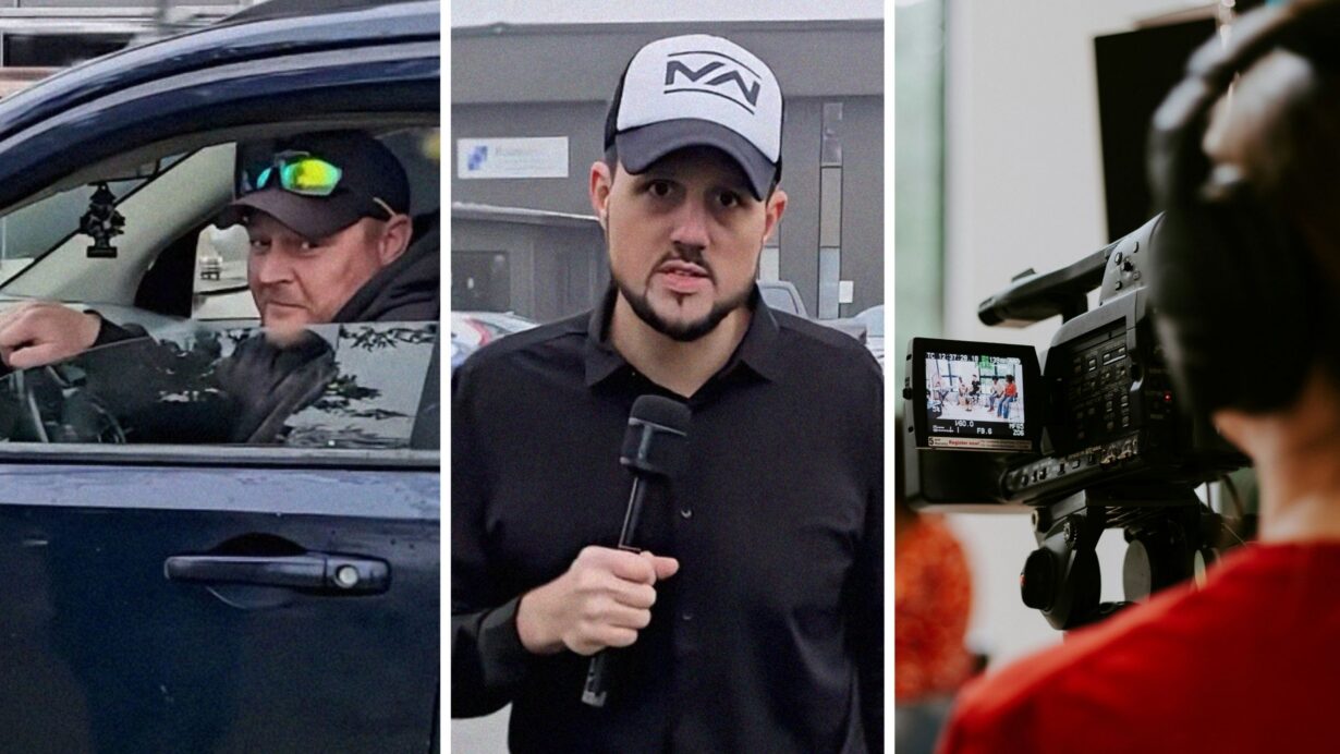 curious driver (l) local reporter (c) man recording reporter (r)