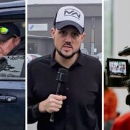 curious driver (l) local reporter (c) man recording reporter (r)