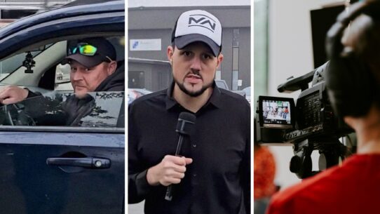 curious driver (l) local reporter (c) man recording reporter (r)