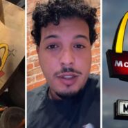 McDonalds Monopoly bag (l) man shares McDonalds issue (c) McDonalds drive-thru (r)