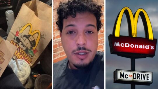 McDonalds Monopoly bag (l) man shares McDonalds issue (c) McDonalds drive-thru (r)