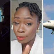 man boards his flight (l) woman shares travelling experience (c) Delta airlines (r)