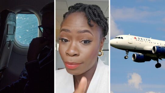 man boards his flight (l) woman shares travelling experience (c) Delta airlines (r)