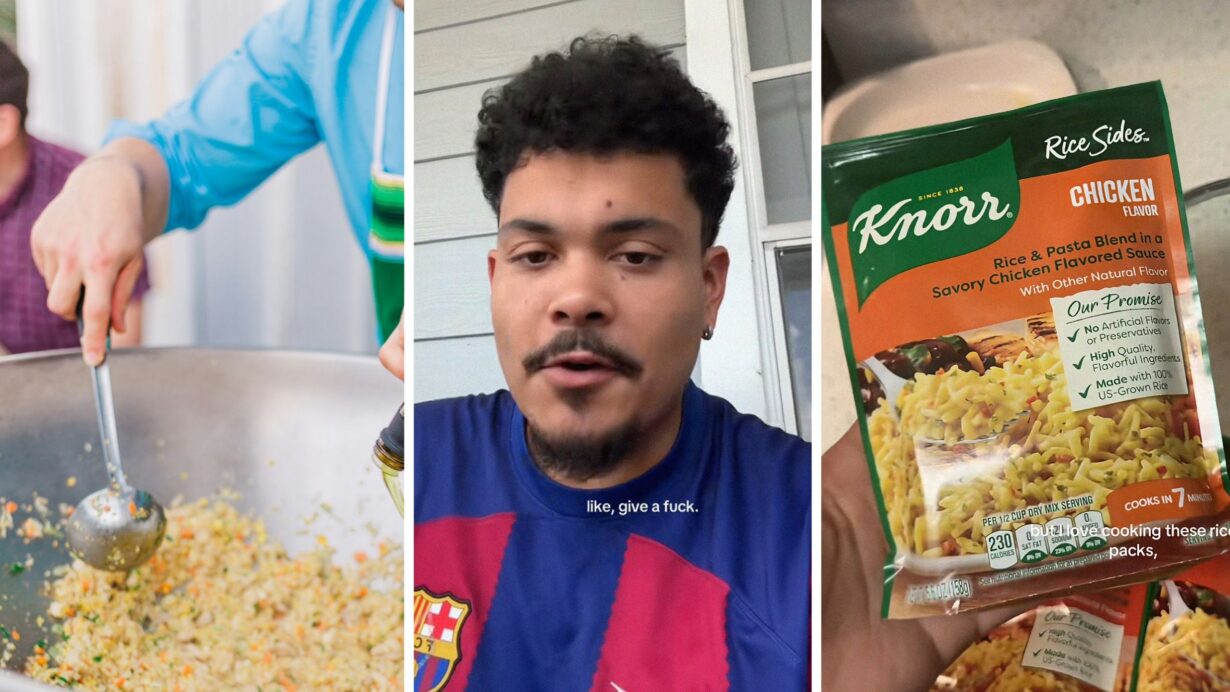 man cooking rice (l) man shares knorr rice issue (c) knorr rice pack (r)