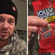 man shares candy purchase issue (l) red Jolly Rancher bag (r)