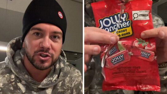 man shares candy purchase issue (l) red Jolly Rancher bag (r)