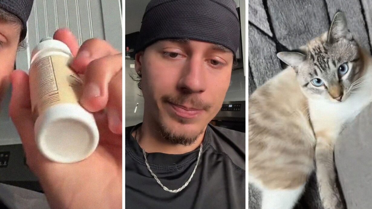 container with minoxidil (l) man shares how he lost his cat (c) pet cat (r)