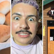 bread rolls (l) man shares public experience (c) Texas roadhouse entrance (r)