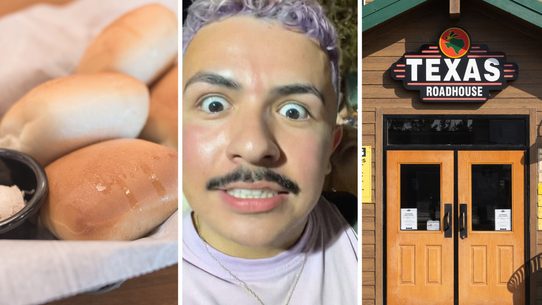 bread rolls (l) man shares public experience (c) Texas roadhouse entrance (r)