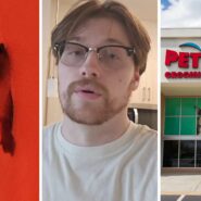 floating betta (l) man shares PetSmart purchase (c) PetSmart entrance (r)