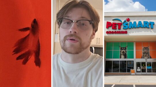 floating betta (l) man shares PetSmart purchase (c) PetSmart entrance (r)