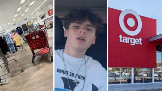 store interior (l) man shares Target encounter (c) Target storefront (r)