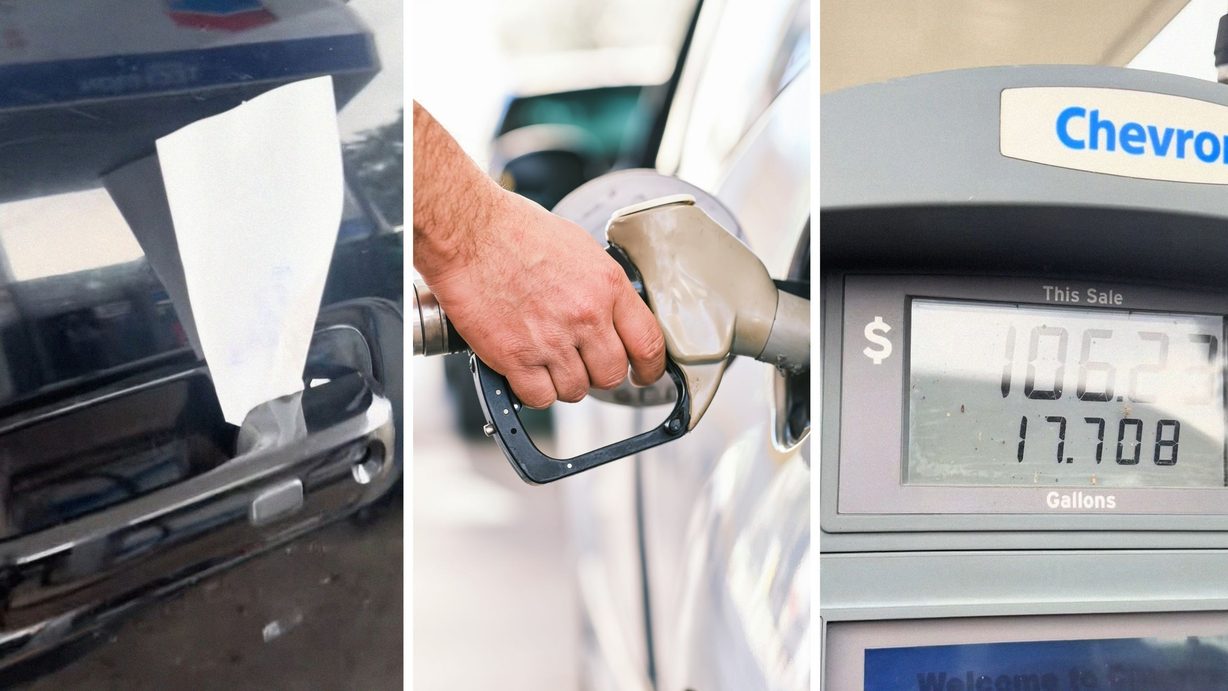 note on a car door (l) man pumping gas (c) gas pump reader (r)