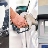 note on a car door (l) man pumping gas (c) gas pump reader (r)