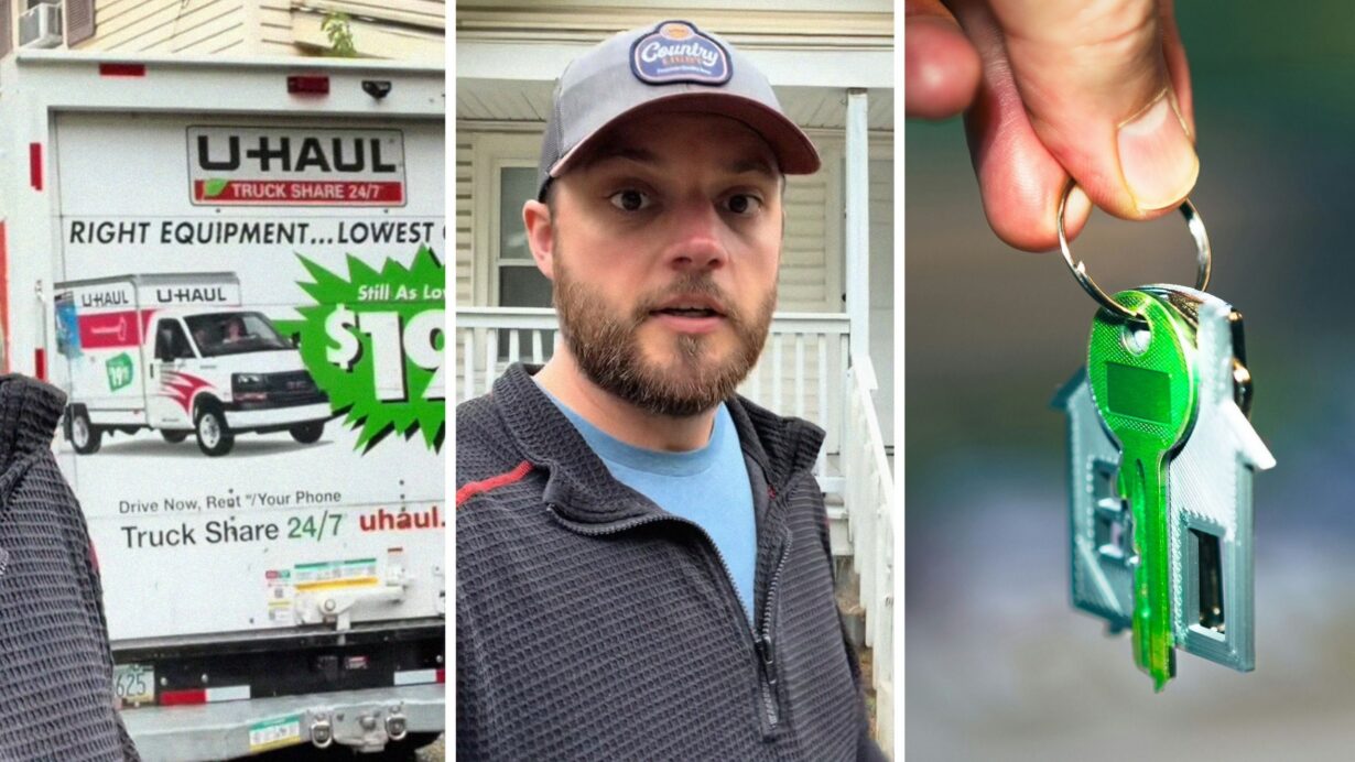 U-Haul trailer (l) man shares new home issue (c) keys to new home (r)
