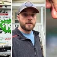 U-Haul trailer (l) man shares new home issue (c) keys to new home (r)