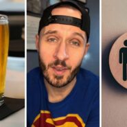 a glass of beer at a bar (l) man shares bar experience (c) restroom sign (r)