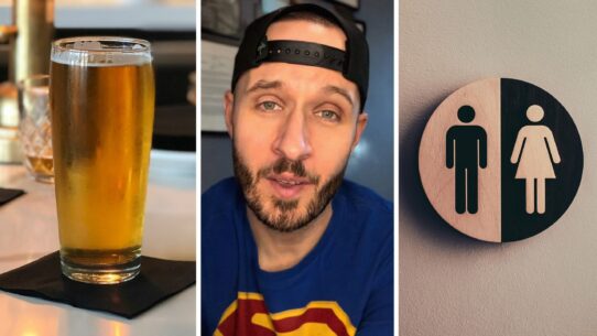 a glass of beer at a bar (l) man shares bar experience (c) restroom sign (r)