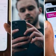 app settings (l) man using his cellphone (c) Instagram app (r)