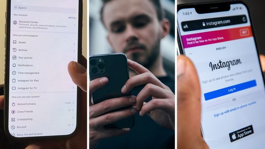 app settings (l) man using his cellphone (c) Instagram app (r)